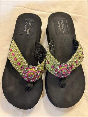 Green Rhinestone Thong Sandals with Pink Accents